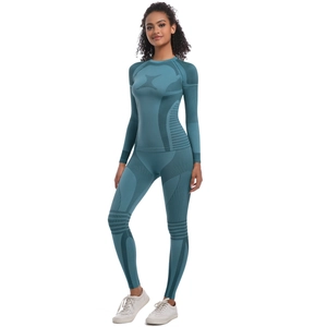 Detailed knit texture of women's teal seamless compression sports suit with long sleeves