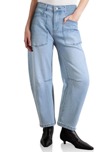 Detail of cargo-style denim jeans featuring large patch pockets and visible stitching