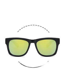 Macro detail of kids lightweight square sunglasses with yellow green gradient lenses