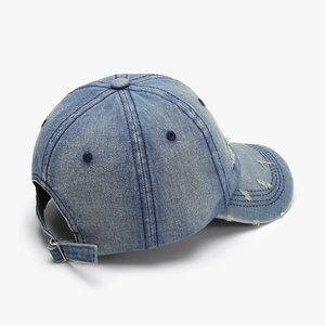Distressed light blue denim baseball cap with letter embroidery and adjustable back strap