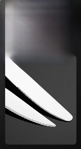 Close-up of integrated 304 stainless steel steak knife with uniform serrated edges