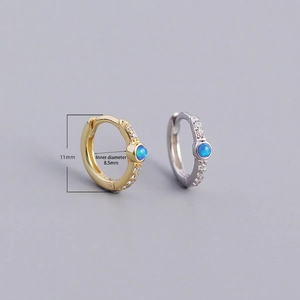 S925 sterling silver blue opal hoop earrings with white zircon accents, 11mm outer diameter