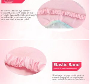 Detail view of pink plush sleep mask showing elastic band and contoured comfort padding.
