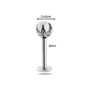 Titanium steel labret stud with dragon claw holding moonstone, 8mm length and 0.43cm top