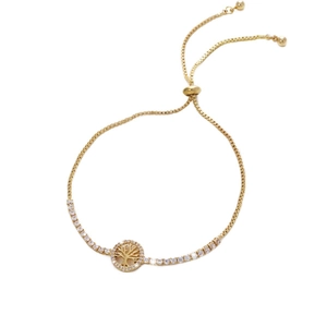 Adjustable golden tree of life bracelet with pavé cubic zirconia for women
