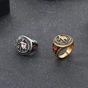 Vintage steel knight shield rings with red cross and bible verse in silver and gold