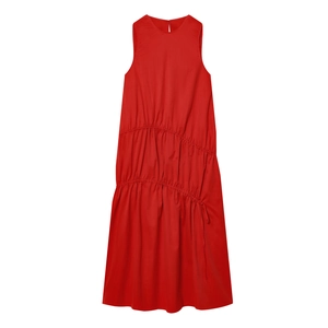 Robe Maxi Sans Manches Rouge Col Rond Taille À Cordon Ourlet À Volants Élégant Été Décontracté Mode Pour Femmes