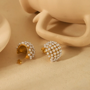 Elegant gold plated stainless steel stud earrings featuring pavé pearl inlay design
