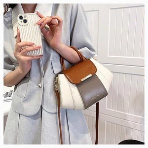 Detail of color-block crossbody bag in brown, white, and grey with metallic buckle