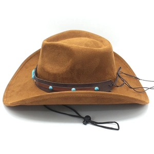 Detail of brown faux suede cowboy hat with turquoise beads and adjustable chin strap