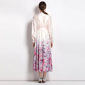 Back view of a satin lantern sleeve floral midi dress with vintage stand collar