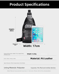 Detailed dimension guide for waterproof PU leather chest bag with iPad size comparison