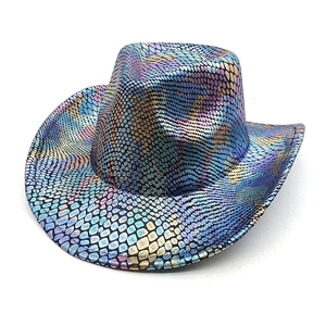 Macro shot of colorful iridescent snake pattern on a wide-brim western cowboy hat