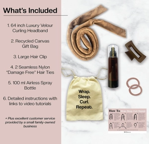 Detailed heatless hair curler set with velvet rod, spray bottle, clip and canvas bag