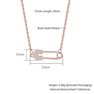 Rose gold safety pin pendant necklace with sparkling cubic zirconia on 45cm link chain