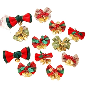 Set of 12 Christmas burlap bows with golden bells for festive holiday gift decorations
