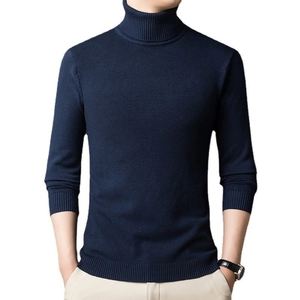 Slim fit men's turtleneck knit sweater in dark blue featuring premium ribbed texture