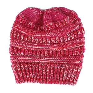 Detailed view of magenta and white mixed knit texture and ribbed hem on the beanie