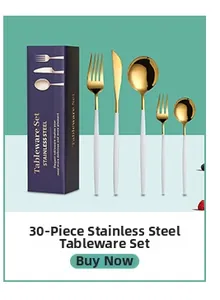 Detail of 30-piece gold and white stainless steel cutlery set in purple gift box