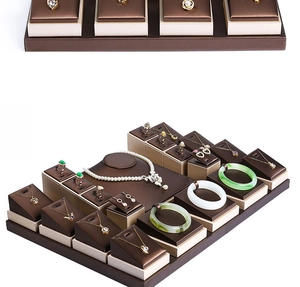 Deep brown brushed leather jewelry display set for necklaces, rings and bracelets