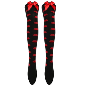 Detail of black over-knee stockings featuring red bow accents and vibrant lip patterns
