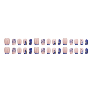 Mix of 24 blue and white marble pattern press-on nails with gold foil and French tips