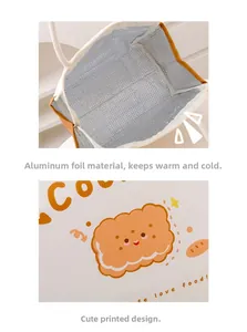 Macro detail of the insulated aluminum film interior and cute cookie print lunch bag