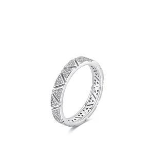 S925 sterling silver geometric triangle ring with sparkling cubic zirconia pavé setting
