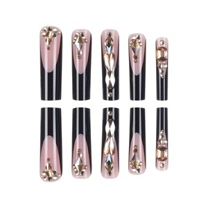 Extra-long square French press-on nails in black with glitter diamonds and 3D rhinestones