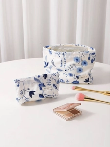 Trousse De Maquillage À Broderie Florale Coton Lin Portable Voyage Cosmétique Pochette Fermeture Éclair Organisateur Femmes Style Japonais