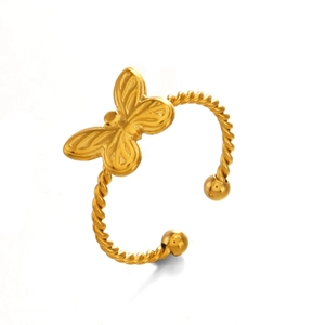 Minimalist 18K gold plated stainless steel butterfly ring with twisted rope band design