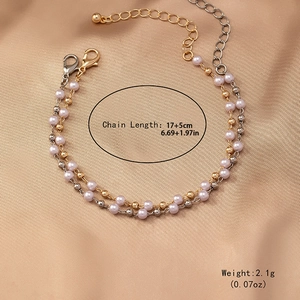 French vintage double layer pearl and metal bead chain bracelet for women 17+5cm