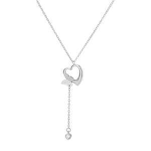 Detailed view of silver Y-necklace featuring hollow heart and matte butterfly pendant