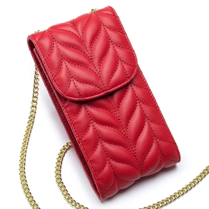 Red quilted leather crossbody phone bag with gold chain strap and elegant flap closure