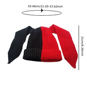 Cute red and black two-tone rabbit long ear knitted hat with size dimensions 55-60cm