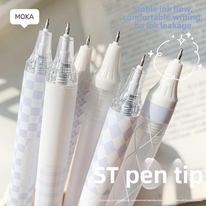 Detail of high-quality ST tip neutral pens with purple gradient patterns on book background