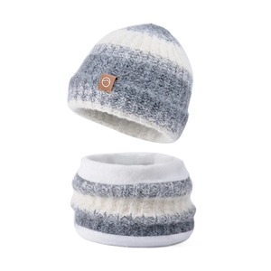 Warm kids winter knitted hat and scarf set with gray white stripes and fleece lining