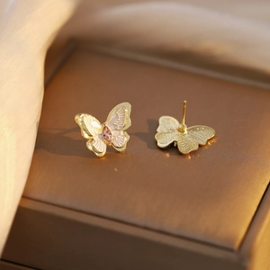 French vintage butterfly stud earrings with pink zircon and white enamel finish