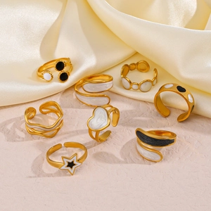 Stainless Steel Jewelry Gold Plated Enamel Minimalist Star Heart Geometric Adjustable Open Ring For Women