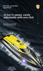 Detail of HJ812 high-speed RC boat at 25km/h with streamlined hull and water spray effect