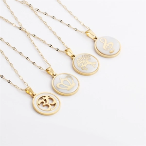 Round Pendant Necklace Stainless Steel Golden Shell Inlay Tree Of Life Crown Music Note Om Symbol Elegant Jewelry Women