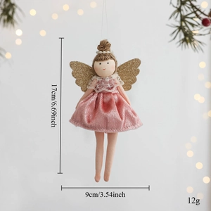 Detail of angel doll ornament with pink velvet skirt and gold sequin wings, 17cm height