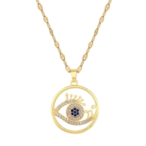 Golden titanium steel evil eye necklace with blue gemstone and crystal inlay