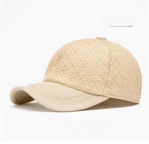 Detail of beige straw weave texture and breathable mesh brim on a fashion baseball cap