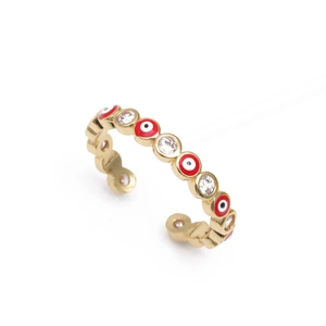 Gold open copper ring featuring red and white evil eye enamel patterns and clear zircons