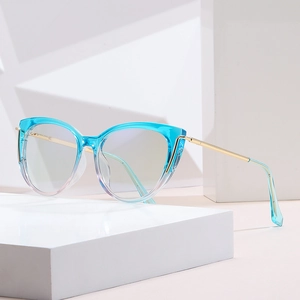 Fashionable cat eye blue light blocking glasses with lake blue gradient and gold metal temples