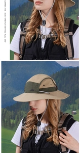 Detail of waterproof wide brim sun hat with adjustable drawstring for hiking
