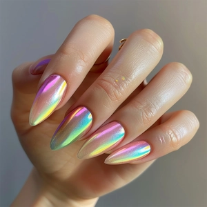Holographic Iridescent Press On Nails Short Almond Metallic Chrome Shifting Fake Nails For Women Daily Party Manicure