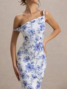 Women's one-shoulder slim floral maxi dress in white with elegant blue flower print