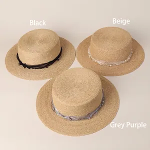 Lafite straw boater hats for women featuring elegant pearl ribbons in three colors